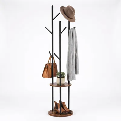 Zdjęcie produktu dla Wieszak na ubrania Relaxdays, 8 haczyków, 2 półki, do kurtek i płaszczy, wymiary 175x40 cm, styl industrialny, stojąca garderoba, kolor brązowy/czarny