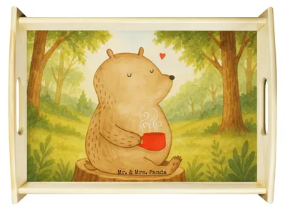 Produktbild von Mr. & Mrs. Panda Tablett Bär Kaffee Design - Weiß - Geschenk, Guten Morgen, Motivation, serviertablett aus holz, Teddy, Bären, Sofa, Holztablett, Coffee, teetablett
