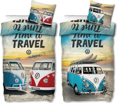 Two sets of VW Volkswagen Bulli bedding with a beach and sunset theme, displayed side-by-side.