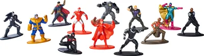 A collection of Marvel character figurines arranged on a white background.