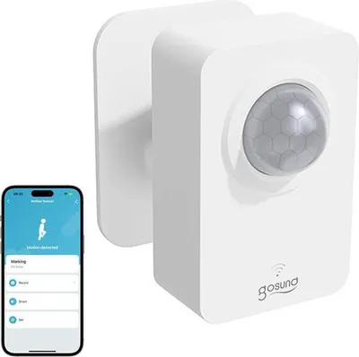 A white smart motion sensor is shown next to a smartphone displaying its app interface.