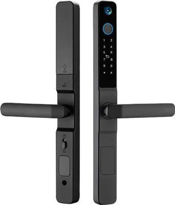 A black smart lock with a camera and keypad is shown against a white background.