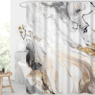 Produktbild von Duschvorhang, 180x180 cm, schwarz-goldenes Marmormuster, modernes Design, wasserdichtes Material, maschinenwaschbar, Badezimmervorhang mit Haken.