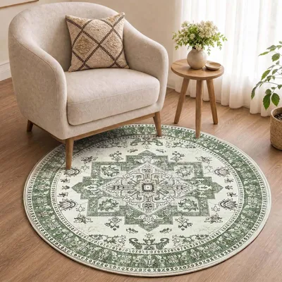 Imagen del producto de Elzusha - Alfombra vintage redonda, color verde, 120 cm, lavable