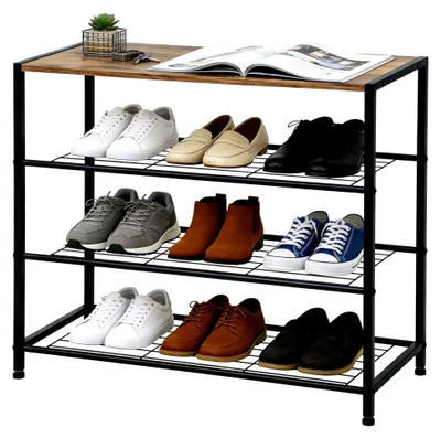 Produktbild von Schuhregal mit 4 Ebenen und Sitzgelegenheit, Metall-Schuhablage für Flur, Eingangsbereich, Wohnzimmer, 60 x 30 x 63 cm, Rustikalbraun