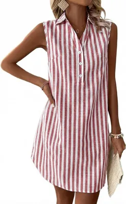 Productafbeelding van Gestreepte mouwloze zomerjurk voor dames, knielang, met knoopsluiting en kraag