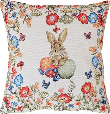 Produktbild von heimtexland ® Gobelin Dekokissen Ostern Deko Kissen Bezug mit Baumwolle Osterdeko natur Kissenbezug Landhaus Sofakissen Typ884 Kissenhülle 40x40 cm Osterhase Blumenwiese