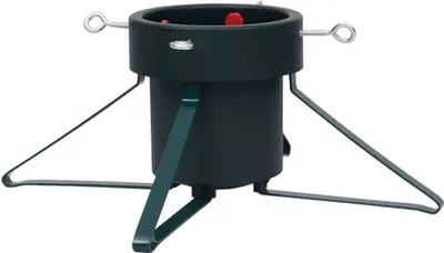 A black and green Christmas tree stand is shown against a white background.