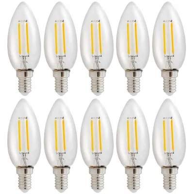Produktbild von 10er Pack LED Leuchtmittel in Kerzenform klar mit E14 Sockel 4 Watt 450 Lumen warmweiß 2700K