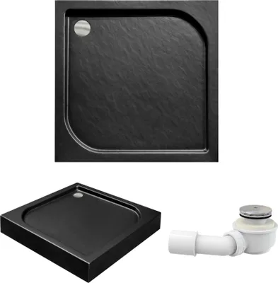 Zdjęcie produktu dla Brodzik Kompaktowy Prysznicowy Kwadratowy 90x90x16 Akrylowy, Efekt Kamienia, Czarny | Syfon odpływ ⌀50 mm + nogi (stelaż) | BADLAND OSKAR