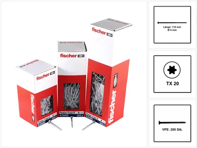 Produktbild von Fischer Power-Fast II FPF II Spanplattenschraube 5,0x110 mm 200 Stück ( 670367 ) Senkkopf mit Torx Teilgewinde galvanisch verzinkt, blau passiviert