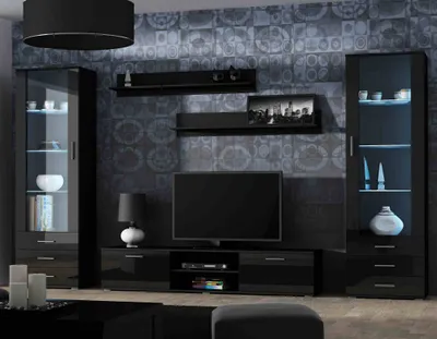 Produktbild von Furniture24 Wohnwand SOHO 4 mit Blauer LED Beleuchtung, Anbauwand, Wohnzimmerschrank, Schrankwand, Vitrine, Lowboard, Hängeregal Schwarz/Schwarz Hochglanz
