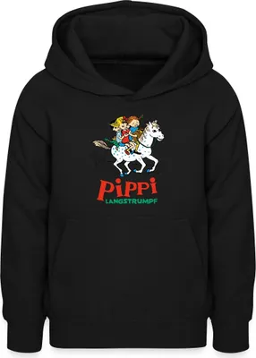 Produktbild von Spreadshirt Pippi Langstrumpf Ausritt Mit Annika Und Tommy Teenager Hoodie, L (9/11 Jahre), Schwarz