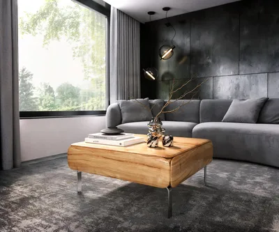 Produktbild von DELIFE Couchtisch Shavani 90x90 cm Akazie Natur 2 Türen L-Fuß Edelstahl Silber