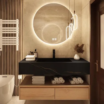 Produktbild von Waschbecken Badezimmermöbel-Set Sinterstein Waschbecken Hänge Waschbecken mit LED Spiegel und Schublade【HT72】