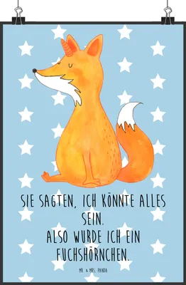 Produktbild von Mr. & Mrs. Panda Bild Einhorn Fuchs DIN A2 - Blau Pastell - Geschenk, kunstdruck poster, wanddeko, Designposter, Unicorns, Füchse, drucke, Unicorn, Plakat, Einhörner