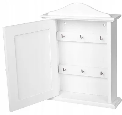 Productafbeelding van Omgoods - Houten Sleutelkast met Deur en 6 Haken - Wit