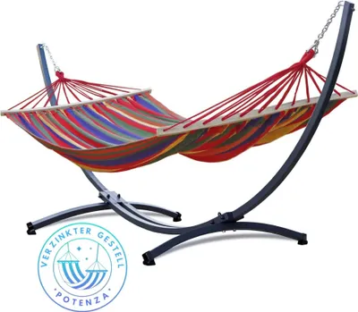 Produktbild von Potenza Outdoor Hängematte mit Verzinkter Gestell für 2 Personen I Stabhängematte XXL 220x160, 200kg I Hängemattengestell 220kg Wetterfest