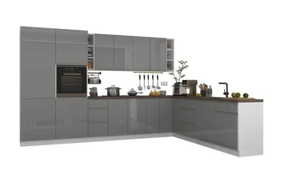 Produktbild von Winkelküche – Eckküchen-Set – Küchenzeile L-Form – Komplettküche – Velmora – 350 × 260 cm – Grau Hochglanz – Ohne Arbeitsplatte , Ohne E-Geräte