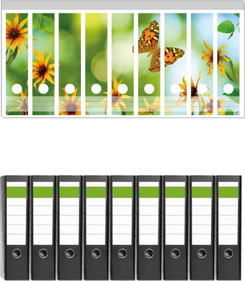 Produktbild von Wallario 9 Stück breite Ordner inkl. Klebeetiketten mit Motive Blumen mit Schmetterling -  Set mit Rückenschildern / Ordnerrücken Stickern