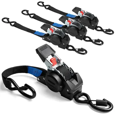 Produktbild von Selbstaufrollende Spanngurte, 4 Stück, 3m x 25mm, Automatik mit S-Haken, 748kg Bruchfestigkeit, 300 daN Zugfestigkeit, Schwarz