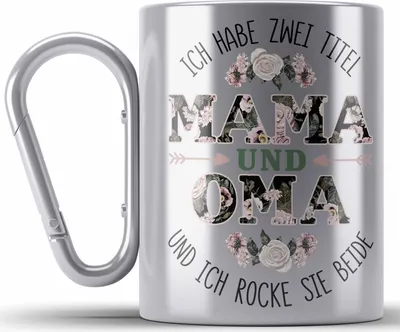 Produktbild von Trendation - Mama und Oma Edelstahl Tasse Karabiner Geschenk für Oma Weihnachten Geburtstag Lustige Edelstahl Tasse Karabiner Beste Oma (Silber)