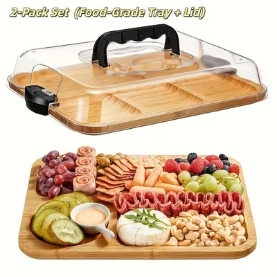 Produktbild von 6 Fächer Obstkörbe,Bambus Servierplatte mit Deckel & GriffLebensmittelecht, Obstschale,Holz,für Wohnzimmer, Küche, Rezeption,Mehrfach-Fächer