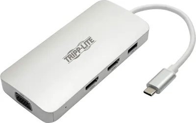 Produktbild von Tripp Lite USB C Docking Station w/ USB-A Hub, 2x HDMI, VGA, PD Charging 1080p @ 60 Hz, Silver USB Type C, USB-C, USB Type-C Thunderbolt 3 Compatible - Dockingstation - USB-C 3.1 / Thunderbolt 3 - VGA, 2 x HDMI