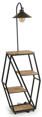 Zdjęcie produktu dla Lampa stojąca w stylu industrialnym, półka, drewno, metal, lampa stojąca