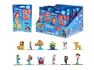 A collage of Disney mystery figures and their packaging.