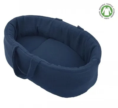 Obrázok produktu pre Taška na bábiky Hollie, indigo, mušelínová cestovná postieľka pre bábiky, 36 cm
