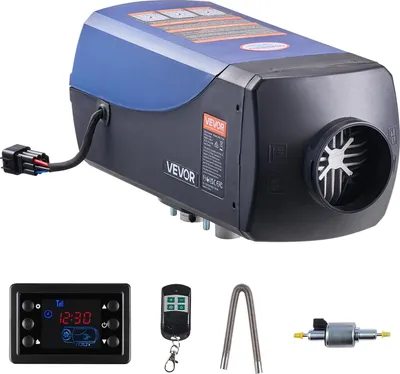A diesel heater and its accessories are displayed against a white background.