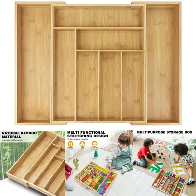 Produktbild von Besteckkasten - Besteckeinsatz - 6–8 Fächer - 32 x 43 x 5 cm - Für Küchenschublade - Holzoptik