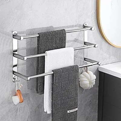 Productafbeelding van Ibenzoa® Verstelbare handdoekhouder van roestvrij staal (304), 3-laags met extra haken, verstelbaar van 43 tot 78 cm – geschikt voor badkamer, keuken en wasruimte
