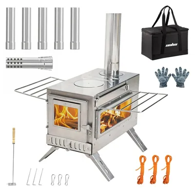 Produktbild von Tragbarer Zeltofen Holzofen - Campingofen - Edelstahl - 7 Kaminrohre - Für Zelt und Outdoor Heizung - Leicht zu montieren - Überdruckschutz - Silber