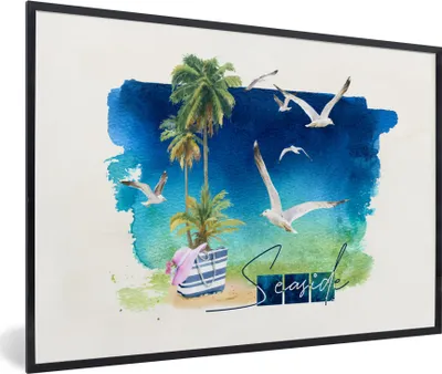 Produktbild von MuchoWow® MuchoWow® Gerahmtes Poster Vogel - Palme - Himmel - Strand 90x60 cm - Poster mit zchwarzem Bilderrahmen - Fotorahmen - Foto-Plakat