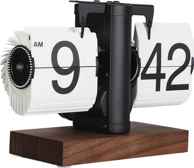 Obrázek produktu pro Digitální flipové hodiny 12h Jednostranné velké číslice Automatické retro mechanické flipové hodiny Dřevěná základna pro obývací pokoj Černý rám Bílá stránka
