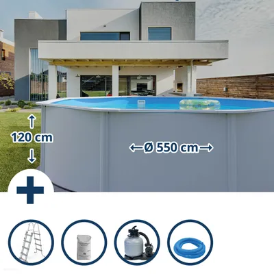 Produktbild von Stahlwandpool Set (5-teilig) hoch rund Classic 550 x 120 cm, Stahl 0,4 mm weiß Folie 0,3 mm blau