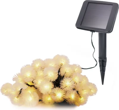 A string of solar-powered dandelion-shaped lights and a solar panel stake.