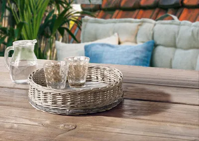 Image de Panier à plateaux en osier Shabby Look gris rond - plateau de service