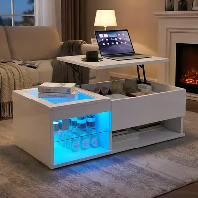 Obrázek produktu pro Konferenční stolek UnboxG, bílý, lesklý, 100 x 55 cm, s výsuvnou deskou, úložným prostorem, RGB LED osvětlením a skleněnou policí, moderní konferenční stolek do obývacího pokoje
