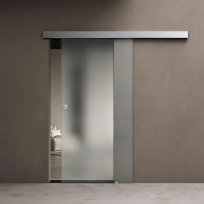 Produktbild von doporro Glasschiebetür komplettset 77,5 x 205cm Schiebetür mit ESG 15mm Wandabstand Zimmertür Glas vollsatiniert mit Muschelgriff