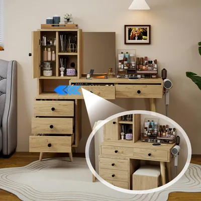 Image de Table de maquillage avec miroir escamotable et tabouret, dimensions 84x40x120 cm, en bois naturel