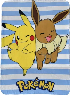 A blanket featuring Pikachu and Eevee from Pokémon, with the Pokémon logo at the bottom, set against a striped blue and white background.