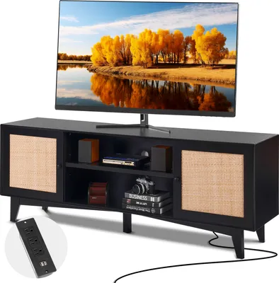 Image de VEVOR Support TV en rotin pour téléviseur 191 cm, support TV boho avec porte en rotin, armoire TV avec prise intégrée, armoire de rangement avec 2 étagères, console TV moderne pour salon, noir