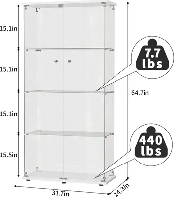 Zdjęcie produktu dla Fortuna Lai Szklana Gablota Stojąca Szafka Podłogowa, 4-warstwowa Szklana Drewniana Gablota Gablota Gablota Kolekcjonerska, 2 Drzwi z Zamkiem Szklana Gablota Stojąca Do Salonu Sypialni Biura Czarna Szklana Półka Stojąca
