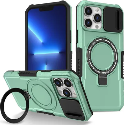 Produktbild von Handyhülle für iPhone 13 Pro Max Kompatibel mit MagSafe, Robuste Hülle mit Schiebe Kamera Schutz, Magnetischer Ringständer Grün