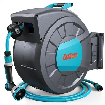 Imagen del producto de Caja de manguera para jardín, montaje en pared, con capacidad para 35+2 metros, sistema de enrollado automático, giratoria 180°, boquilla de pulverización con 10 funciones, ideal para el riego flexible de grandes jardines