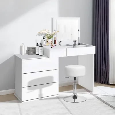 Produktbild von ML-Design Schminktisch Weiß mit Hocker, Frisiertisch mit Klappspiegel, 4 Schubladen & 4 Fächern, 117,5x78x45 cm, Kosmetiktisch aus MDF Holz