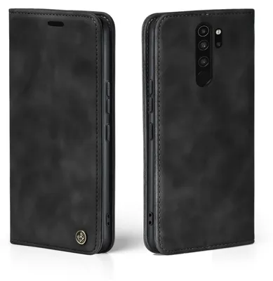 A black flip case for a smartphone is shown from two angles.